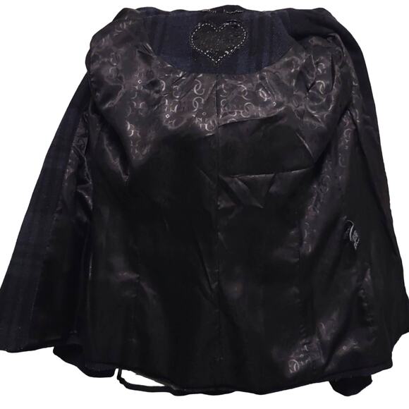 GUESS Plaid Wool Blend Navy Blue Hooded Pea Coat Claw Buttons - Picture 3 of 12